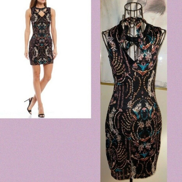 GUESS "CUTAWAY NECK" BLACK FLORAL PRINTED LACE COVERED DRESS~SLEEVELESS~SIZE 4 - Picture 2 of 7